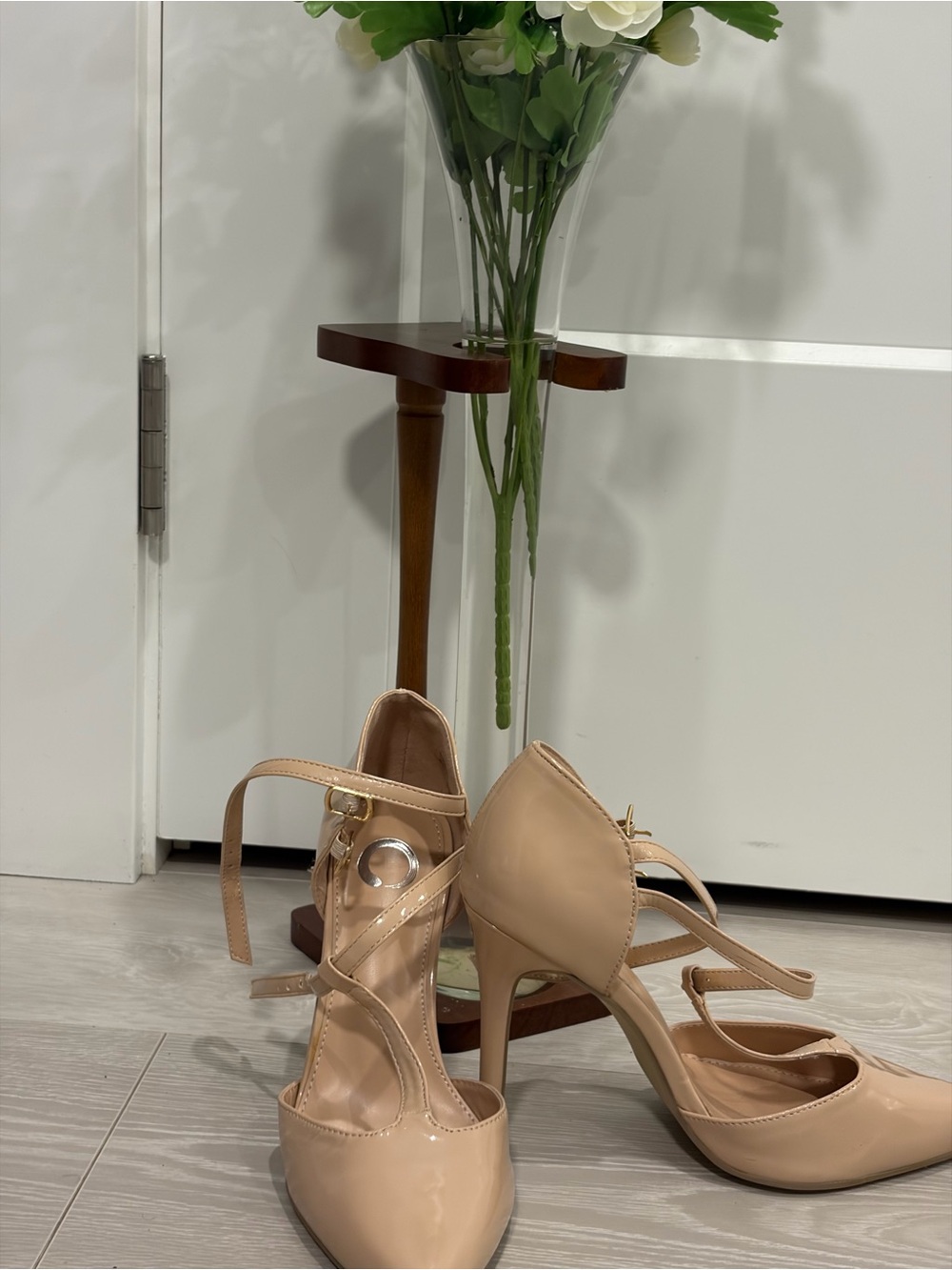 Women’s Nude Patent Pointed-Toe Ankle-Strap Heels